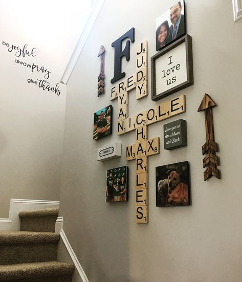 Hubby and I finally put up the Family Scrabble Wall I have been planning for a while. Loving it so much!! 🥰 Scrabble Wall Decor, Large Scrabble Tiles, Letters Wall Decor, Stairway Wall, Scrabble Wall Art, Name Wall Decor, Scrabble Wall, Scrabble Art, Staircase Decor