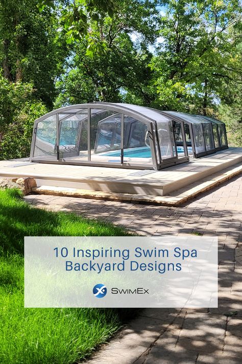 Outdoor Swim Spa Area Ideas, Swimspa Backyard Ideas, Swim Spa Backyard Ideas, Swim Spa Landscaping, Outdoor Swim Spa, Backyard Pool House, Spa Landscaping, Therapy Pools, Exercise Pool