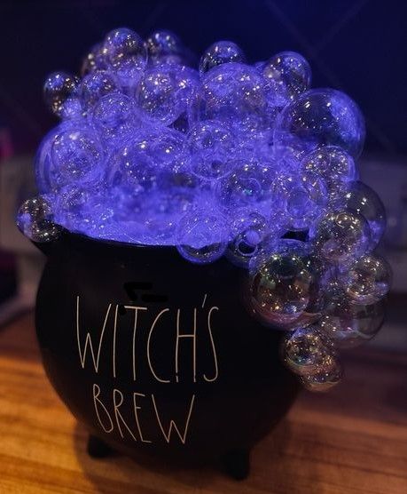 Plastic Bubbles Decor, Easy Diy Witch Cauldron, Cauldron With Ornaments, Bubble Couldren, Cauldron With Clear Ornaments, Bubble Couldren Halloween, Halloween Bubble Cauldron, Diy Witches Cauldron With Bubbles, Diy Couldren Bubbles