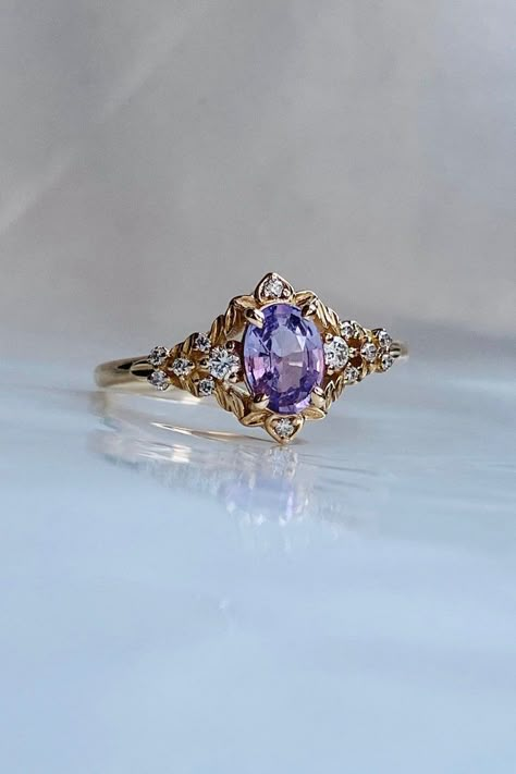 Arwen Fairy Purple Sapphire Engagement Ring Gold, Diamond Whimsical Engagement Ring, Fantasy Lavender Sapphire Ring by Eidelprecious - Etsy Purple Engagement Ring Vintage, Unique Engagement Ring Purple, Wedding Rings Engagement Purple, Purple And Gold Engagement Ring, Vintage Purple Engagement Rings, Purple And Gold Wedding Rings, Fairytale Wedding Ring Unique, Wedding Rings Color, Diamond And Amethyst Engagement Ring