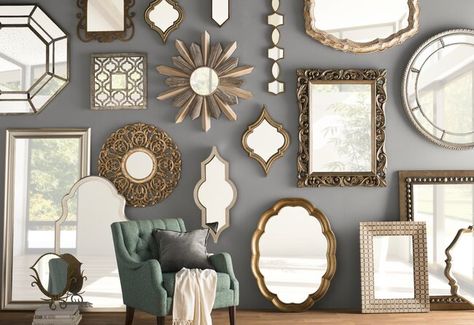 Mirror Collage, Mirror Interior Design, Mirror Gallery, Mirror Gallery Wall, Vintage Mirror Wall, Salon Suites, Mirror Interior, Mirror Wall Decor, Home Wall Decor