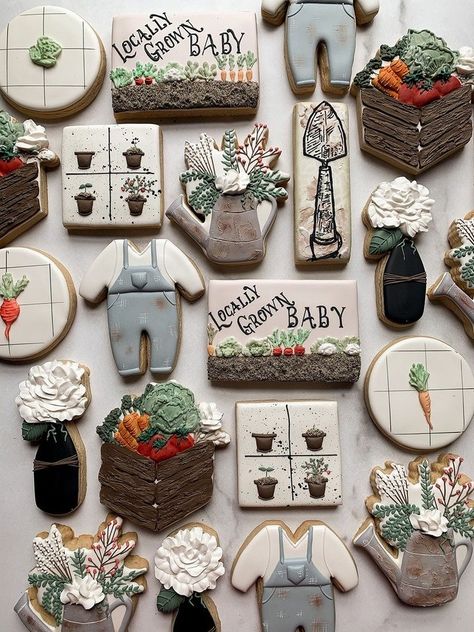 Locally Grown Baby Shower Cookies, Baby Shower Locally Grown, Locally Grown Baby Shower Ideas, Gardening Cookies, Home Grown Baby Shower Theme, Locally Grown Baby Shower Theme, Vintage Baby Shower Ideas, Vintage Baby Shower Theme, Potters Hands