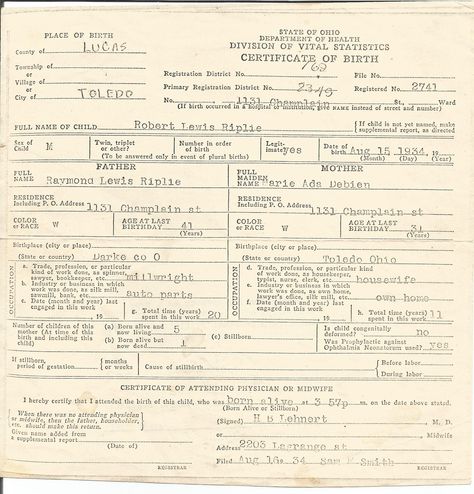 1934.08.15 Robert Lewis Riplie Birth Certificate 01 Front Certificate Aesthetic, California Birth Certificate, Puppy Birth Certificate, Vintage Certificate, Birth Certificate Form, Annie Atkins, Vintage Medical Book Pages, Delta Green, Free Paper Printables