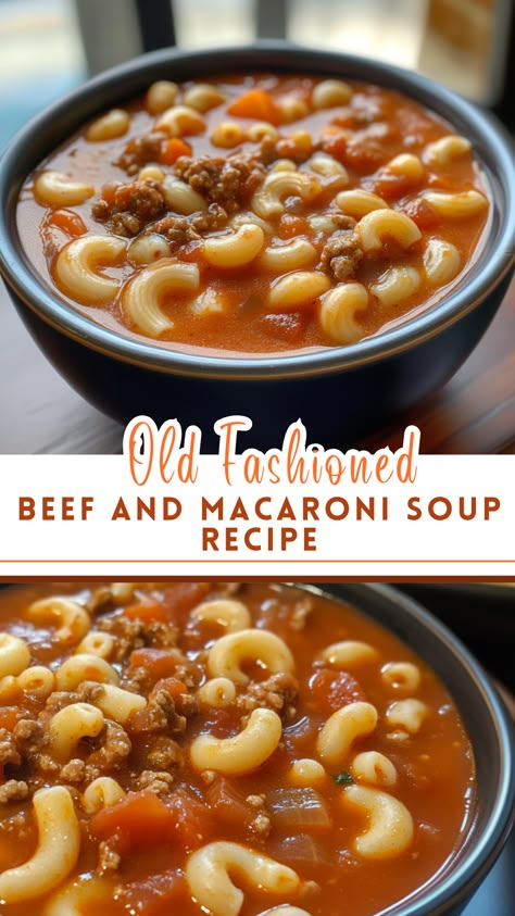 Old Fashioned BEEF and MACARONI SOUP Recipe Macaroni Tomato Soup, Soup With Diced Tomatoes, Soup With Macaroni, Hamburger Soup Crockpot, Beef Broth Soup Recipes, Beef And Macaroni Soup, Hamburger Macaroni Soup, Tomato Macaroni Soup Recipe, Soup With Beef Broth