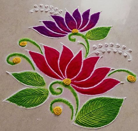 Rose Flower Rangoli Designs, Simple Free Hand Rangoli, New Small Rangoli Designs, Rose Rangoli Designs, Rangoli Designs Lotus, Tulsi Puja, Lotus Rangoli Designs, Small Free Hand Rangoli, Rose Rangoli