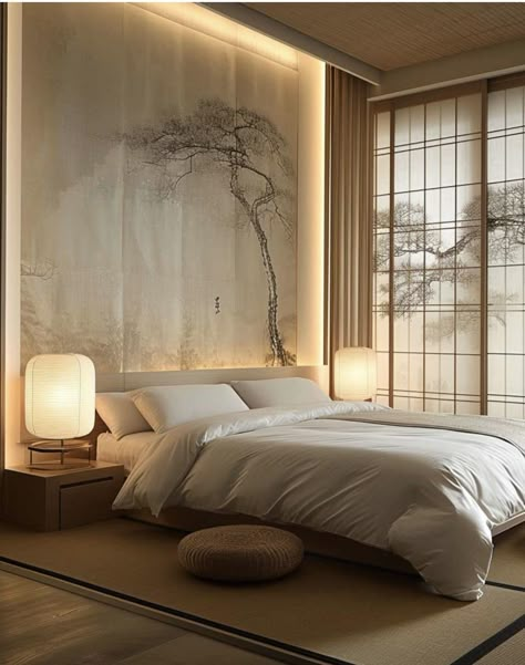 Japanese Luxury Bedroom, Asian Bedroom Ideas Japanese Style, Japan Aesthetic Bedroom Ideas, Brutalist Interior Bedroom, Luxury Japanese Bedroom, Asian Home Decor Japanese Style Master Bedrooms, Japanese Bedroom Aesthetic, Modern Wabi Sabi Interiors, Modern Japanese Bedroom