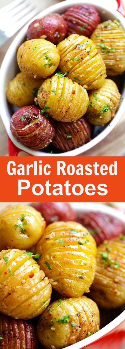 Garlic Roasted Potatoes – best and easiest roasted potatoes with garlic, butter and olive oil. 10 mins prep and 40 mins in the oven | rasamalaysia.com Scottish Baking, Seasoned Vegetables, Easy Roasted Potatoes, Best Potato Recipes, Garlic Roasted Potatoes, Diy Easy Recipes, God Mat, Potato Dishes, Side Recipes