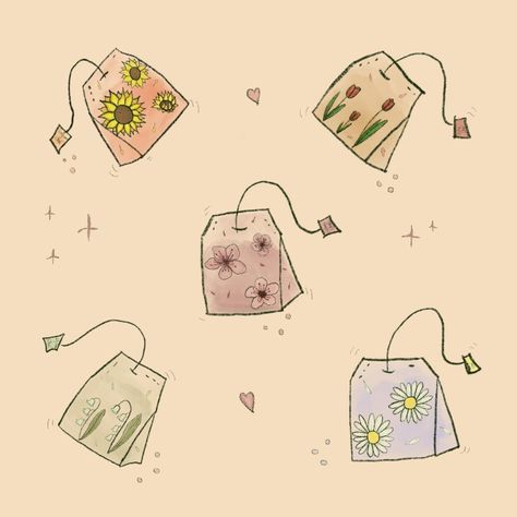 A cosy Illustration of floral tea bags I made with procreate 🌿 prints available on INPRNT 🌿 Tea Bags Drawing, Tea Bag Doodle, Tea Bag Embroidery, Tea Bags Aesthetic, Tea Journal Ideas, Tea Bag Art Ideas, Tea And Books Aesthetic, Teabag Drawing, Tea Bag Illustration