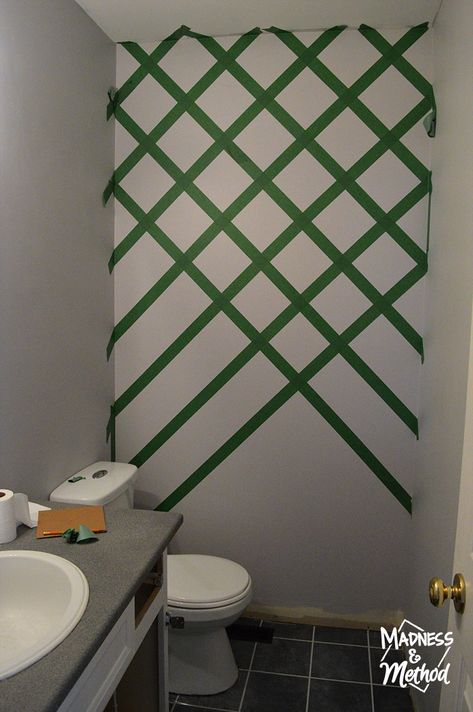 By using the width of painter's tape as our guides, it was actually super quick to tape up the diamond accent wall and get the pattern we wanted. Just remember to paint in the same direction each time to avoid extra seepage... Diamond Accent Wall, Painters Tape Design Wall, Painters Tape Design, Geometric Wall Paint, Wall Paint Patterns, Canvas Painting Ideas For Beginners, Tape Wall, Painting Ideas For Beginners, Diy Wall Painting