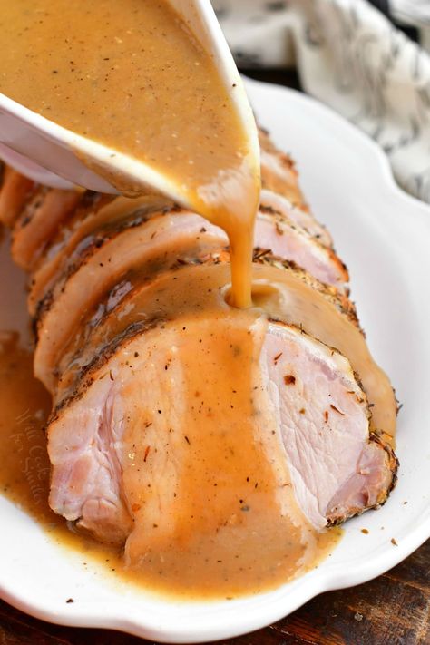 This Pork loin roasted in the oven will give you the best tender, juicy and delicious pork. It's a slightly different way of cooking pork but trust me, you will love the juicy and tender results! #pork #porkloin #roasted #dinner #gravy Pork Loin Gravy, Roasted Dinner, Pork Roast With Gravy, Oven Roasted Pork Loin, Boneless Pork Loin Recipes, Pork Loin Oven, Pork Loin Recipes Oven, Baked Pork Loin, Pork Loins