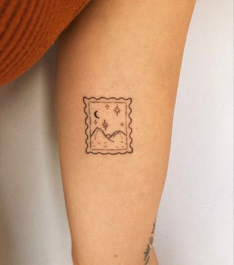 Tattoo Earthy, Envelope Tattoo, Postage Stamp Tattoo, Berg Tattoo, Earthy Tattoos, Tattoo Artist Tattoo, Stamp Tattoo, Bookish Tattoos, Handpoke Tattoo