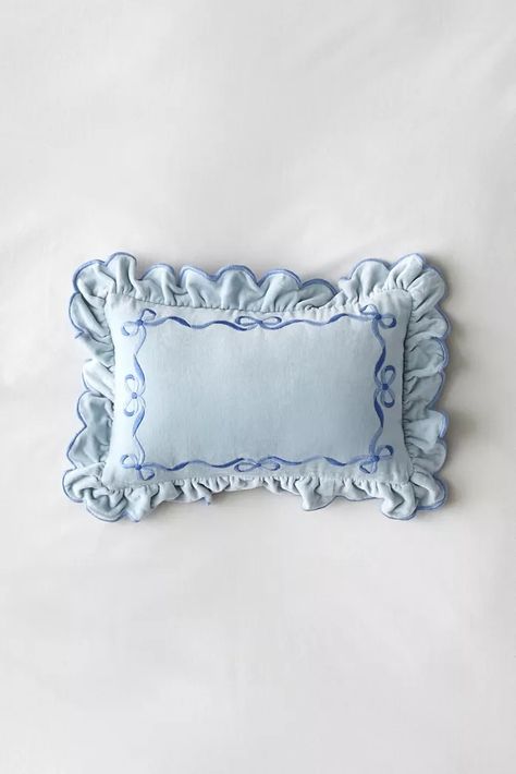 Whimsical Fall Home Furniture + Decor | Urban Outfitters Bridgerton Room, Lumbar Pillow Bed, Embroidered Bows, Thrift Wishlist, Light Blue Pillows, Dorm Stuff, Bow Pillows, Euro Pillows, Embroidered Bow