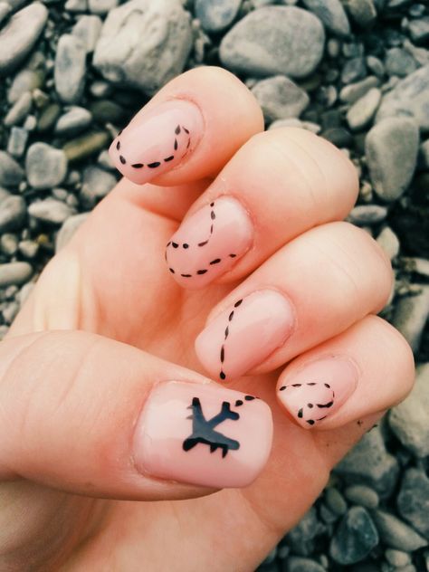 Nails Airplane Design, Nails With Airplane Design, Paper Plane Nail Art, Nails With Airplanes, Nail Designs Travel, Nails Travel Design, Airplane Nails Design, Plane Nail Art, Travel Themed Nails