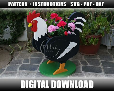 IMPORTANT - YOU WILL ONLY GET DIGITAL FILES AND YOU WILL NOT RECEIVE PHYSICAL ITEMS PILIBRÚ CREACIONES has this decorative Rooster planter, garden ornament, ideal to build yourself with your Jig Saw or laser cutter. Special for decoration of gardens, patio or the interior of the home, with a unique design. Ideal for building with MDF wood. When you make the purchase you will get digital files to download: - Instructions in PDF ENGLISH AND SPANISH - Templates in PDF format - Templates in DXF form Reindeer Planter, Wood Yard Art, Wood Craft Patterns, Planter Garden, Scroll Saw Pattern, Jig Saw, Animal Planters, Support Plante, Wood Works