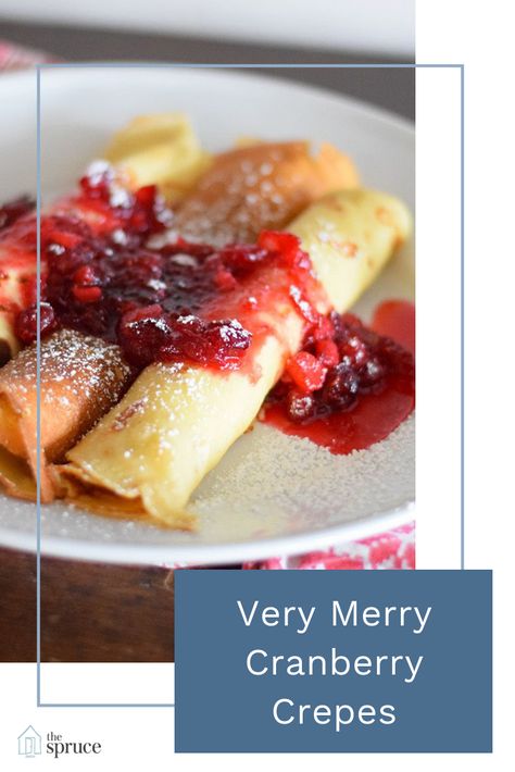 These beautiful, festive crepes make a joyous Christmas morning breakfast. They are stuffed with cream cheese filling and served with a generous helping of homemade cranberry jam. The cranberries are tart and sweet and the candied ginger adds a delicious flavor. #christmascrepes #cranberrycrepes #cranberryrecipe #cranberryrecipes #crepes #creperecipes #creperecipe #christmasbreakfast #christmasrecipes #christmasrecipe #christmas #christmasbreakfastrecipe #christmasmorning Christmas Crepes, Blintzes Recipe, Stuffed Crepes, Cranberry Christmas, Christmas Yummies, Crepes Filling, Christmas Breakfast Recipe, Cranberry Jam, Chocolate Crepes