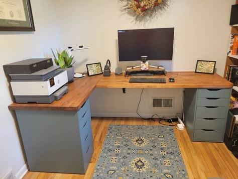 Ikea L Shaped Desk, Home Office Spare Bedroom, L Shaped Desk Office, Home Office And Craft Room, Butcher Block Desk, Office And Craft Room, Craft Room Makeover, Computer Desk Ideas, Diy Office Desk