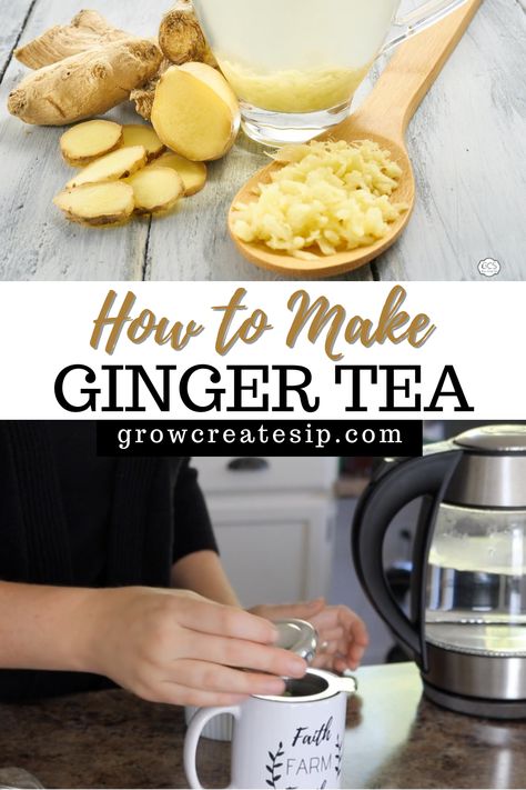 How to Make Ginger Tea. Ginger is a popular ingredient in many tea blends from Golden milk to traditional marsala chai blends. Ginger also has a host of wonderful health benefits and while ginger is great in a homemade natural water flavoring, making tea from fresh ginger has even more health benefits. After a deep dive into the health benefits of ginger I'll cover how to make ginger tea from fresh ginger root -step-by-step including photos! Making Tea With Fresh Ginger, Recipes With Fresh Ginger Root, How To Make Ginger Tea, Natural Water Flavoring, Blending Recipes, Benefits Of Ginger Tea, Ginger Drinks, Water Flavoring, Homemade Ginger Tea