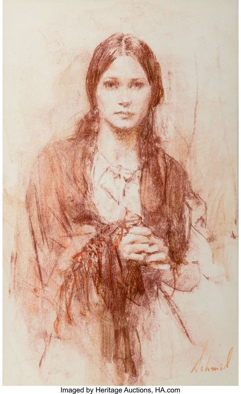 Richard Alan Schmid (American, b. 1934). Susan Wise. Conte crayon on paper. 12 x 9-1-4 inches Conte Crayon Drawings, Richard Schmid, Conte Drawing, Pink Portrait, Head Study, Conte Crayon, Crayon Drawings, Horse Costumes, Figurative Artists