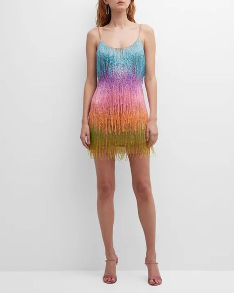 T4WS7 Liv Foster Ombre Beaded-Fringe Bodycon Mini Dress Fringe Dress Outfit, Straight Bangs, Ombre Dress, Taylor Swift Outfits, Rainbow Dress, Fringe Dress, Beaded Fringe, Formal Style, Sleeveless Mini Dress