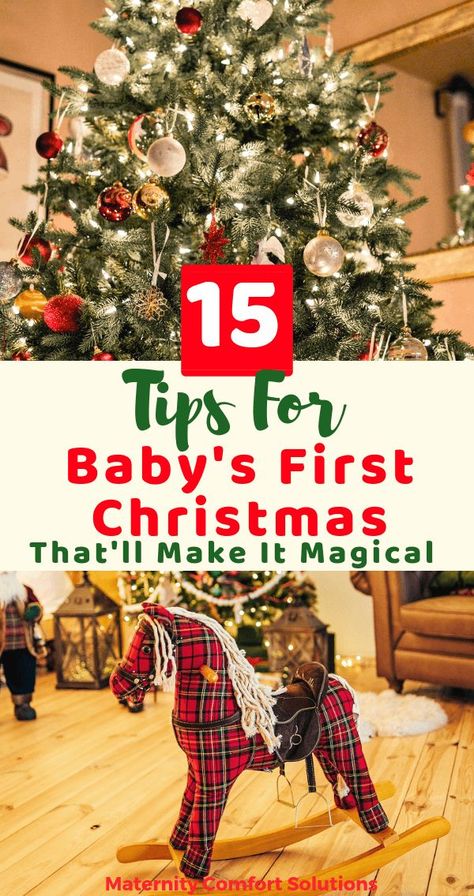 15 Tips for Baby's First Christmas #baby #Christmas #firstchristmas via @MaternityComfortSolutions Baby's First Christmas Ideas, 11 Month Old First Christmas, Baby's First Christmas Gifts, Baby Activities, Christmas Pregnancy, Baby Sleep Problems, Baby Tips, Baby Christmas Gifts, Baby Christmas