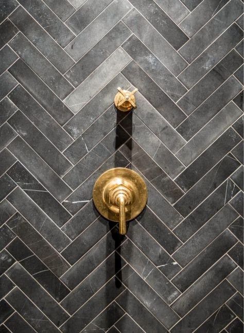 Love this shower tile Soapstone Tile, Drømme Bad, South Hero, Nyc Loft, Metro Tiles, Bad Inspiration, Brass Shower, Herringbone Tile, Bathroom Shower Tile