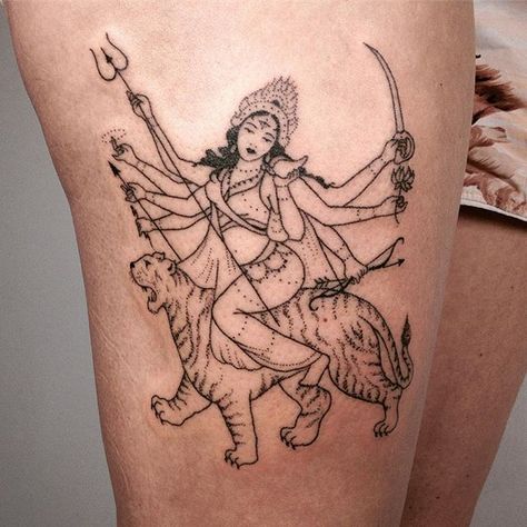 Thanks Chevonne! #handpoked #Durga on thigh Durga Tattoo, Buddhist Symbol Tattoos, Hairstyles Cut, Hindu Tattoos, Hindu Tattoo, Polynesian Tattoos, Geometric Tattoo Arm, Goddess Tattoo, Geometric Tattoos