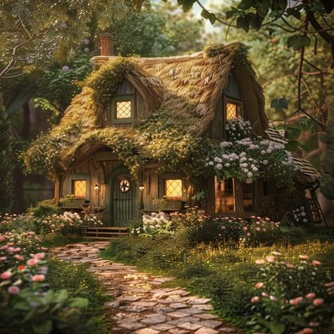 Mystical Cottage In The Forest, Cute Cottage In Forest, Cozy Witch Cottage, Magical Cabin In The Woods, Green Witch Cottage, Woodland Cottage Aesthetic, Witch Cottage House, Forest Cottage Exterior, House In Nature Aesthetic