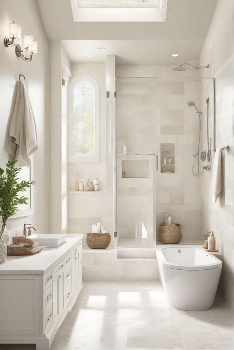 Step into a haven of soft serenity with Alabaster (SW 7008) as we share how to elevate your bathroom space in today's interior designer routine. #Ad #homedecor #homedesign #bathroom #Painthome interiorarchitecture best Wall Colors for Bathroom Colors Bright Room Colors best colors combinations bathroom bathroom Remodeling Modern Paint Colors 2024 Oatmeal Bathroom Ideas, Neutral Paint Colors For Bathroom, Ivory Bathroom Ideas, Cream And White Bathroom, Alabaster Bathroom, Cream Colored Bathrooms, Beige Bathroom Tile, Paint Colors 2024, Bright Room Colors