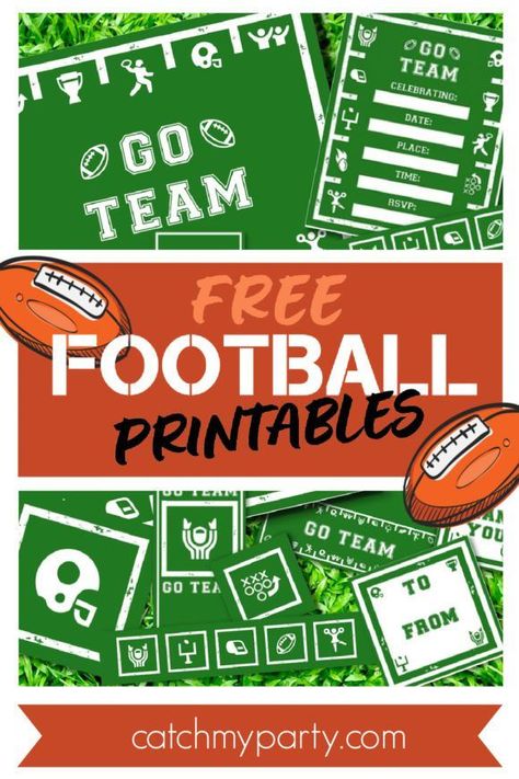 Are you ready for some football... parties? Enjoy these football free printables! The collection includes: invitations, gift tags, large party tags, banner (small and large), mini candy bar wrappers, football sign, silverware wrappers, treat toppers, tented cards, and water bottle labels. Football Party Printables, Football Printables, Football Candy, Football Treats, Birthday Party Invitations Free, Football Parties, Football Snacks, Treat Toppers, Football Birthday Party