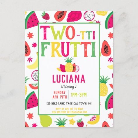 2Nd Birthday Two Tti Frutti Fruit Birthday Party Invitation Postcard #zazzle #weddinginvitations #birthdayinvitations #babyshowerinvitations #zazzleinvitations #monogram #businesscards #graduation #homedecor Fruit Birthday Party, Tropical Invitations, Fruit Birthday, Tropical Parrot, Tropical Birthday, 2nd Birthday Invitations, Postcard Invitation, Girl 2nd Birthday, Boy Birthday Invitations