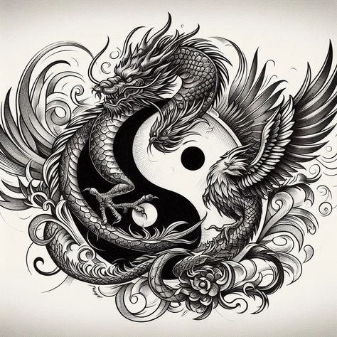 I will create a premium custom tattoo design Dragon Eating Itself Tattoo, Tattoo Ideas For Men Animals, Fish Yin And Yang Tattoo, Yin Yang Back Tattoo, Dragon Yin Yang Tattoo, Ying Yang Tattoo, Tattoo Dragon, Chinese Dragon Tattoos, Anime Body