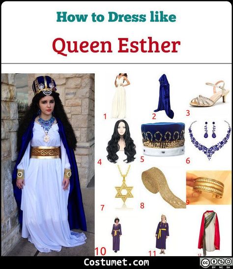 Queen Esther costume a long white toga topped with a long blue satin cloak, a golden belt, golden bracelets, a sapphire necklace and earrings, a David star necklace, a crown, and golden sandals.           #Female #female #queen #Christian #QueenEsther #Jew #Bible #Persian Bible Costumes For Women, Queen Esther Party, Bible Costumes For Kids, David Costume Bible, Bible Character Dress Up, Queen Ester Costumes, Diy Queen Esther Costume, Bible Character Costumes Women, Bible Times Costumes Women