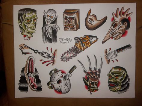 Hey, I found this really awesome Etsy listing at https://www.etsy.com/listing/108640071/horror-traditional-tattoo-flash-sheet Traditional Tattoo Flash Sheets, Tattoo Son, Zombie Tattoos, Horror Movie Tattoos, Art Flash, Movie Tattoo, Anklet Tattoos, Movie Tattoos, Daisy Tattoo