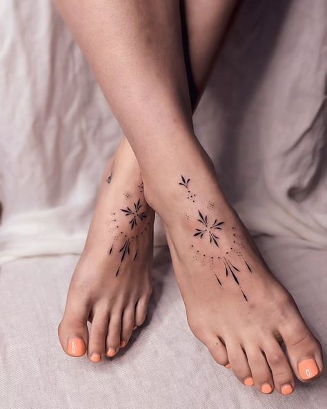 Pretty feet 🌿 (so hard to get nice photos of feet) . . . #tattoo #synmmetry #symmetrical #ornamentaltattoo #ornamental #feettattoos… | Instagram Feet Ankle Tattoos, Ornamental Ankle Tattoo Design, Both Feet Tattoos For Women, Henna Tattoo Feet Design, Fine Line Feet Tattoos, Minimal Ornamental Tattoo, Feet Ornamental Tattoo, Ankle Ornamental Tattoo, Tattoo On Feet For Women