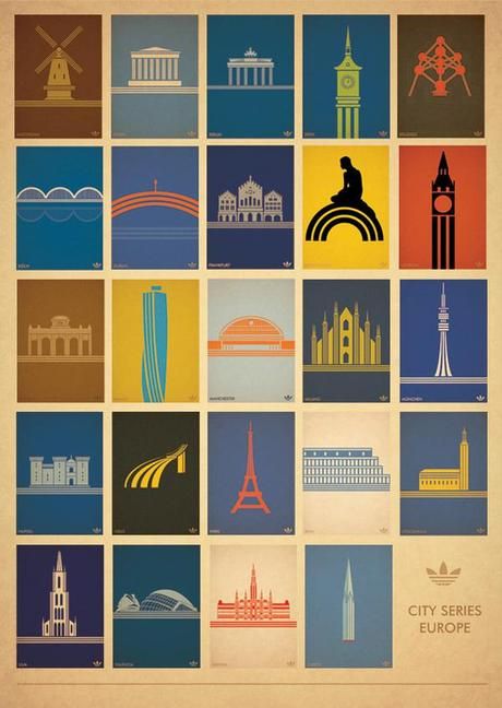 Adidas Poster Project - European City Series - City icons in silhouette Adidas Poster, Europe Poster, Adidas Art, Poster Project, Graphic Design Collection, City Icon, Vintage Travel Posters, Design Graphique, Graphic Design Typography