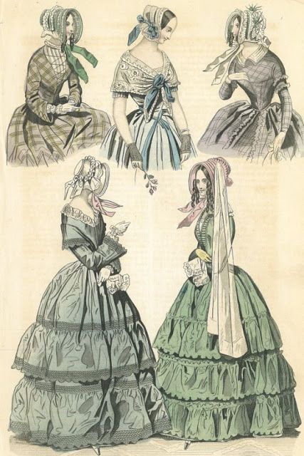 What We Wore Then: "The New Monthly Belle Assemblee" (October 1843) 1840 Dress, 1840s Dress, Pink Bonnet, White Bonnet, 1830s Fashion, 1850s Fashion, Purple Shawl, 1800s Fashion, 19th Century Fashion