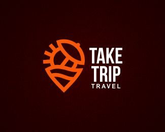 Take Trip Travel - Logo Design - Logomark, Logotype, Vacation, Sun, Parasol, Sea, Beach, Map Marker, Clever, Dark, Orange, Brown, White Travel Fashion Airport, Map Logo, News Logo, Travel Scrapbook Pages, Sun Parasol, Map Marker, Logo Luxury, Travel Logo, Dark Orange