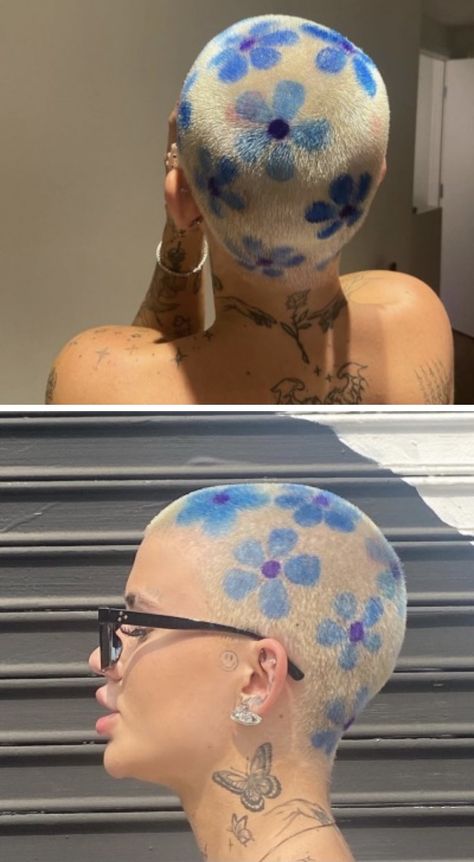 Buzzcut Coloured Hair, Buzzed Hair Aesthetic, Shaved And Dyed Hair, Flower Hair Dye Shaved Head, Flower Shaved Hair Designs, Fun Shaved Head Designs, Undercut Dye Designs, Shave Head Designs, Colourful Buzzcut