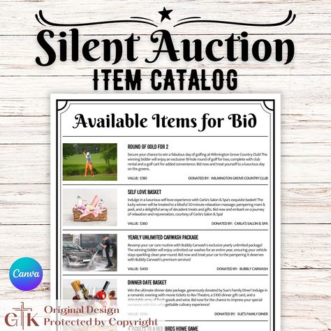 🌟 Elevate Your Silent Auction Event with Our Eye-Catching Editable Auction Catalog! 🌟 Hosting a silent auction has never been easier than with our meticulously crafted Canva template catalog. Designed for simplicity and effectiveness, our Canva catalog template colors in black and white ensures a seamless and visually stunning silent auction experience for your cause. 🎨 What's Included in Our Silent Auction Template: 📋 Auction Catalog Template: Clearly display item information with our versa Silent Auction Ideas, Silent Auction Display, Silent Auction Gift Basket Ideas, Chamber Ideas, Auction Gift Basket Ideas, Auction Event, Catalog Template, Auction Catalog, Silent Auction