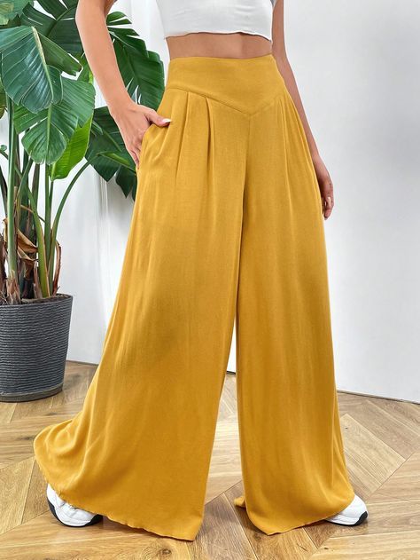 Yellow Casual Collar  Woven Fabric Plain Wide Leg Embellished Non-Stretch  Women Clothing Yellow Pants, Women Pants, Women Clothing, Woven Fabric, Wide Leg, Pants For Women, High Waisted, Sun, My Style