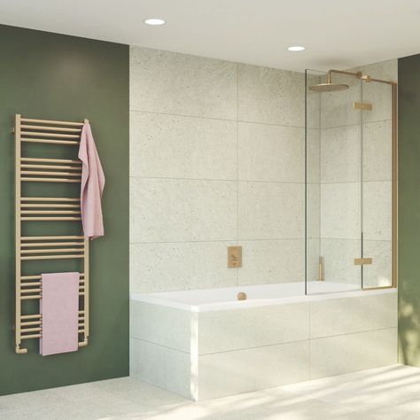 Crosswater Optix 10 Brushed Brass Bath Shower Screen with Inline Panel OXBDFC0900 - UK Bathrooms Bath Screen, Steel Bath, Bath Shower Screens, Brass Components, Shower Fittings, Brass Shower, Bath Screens, Pivot Doors, Family Bathroom