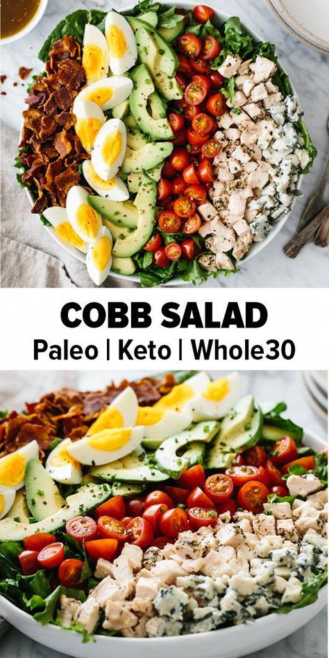 Cobb salad is a classic American salad with chicken, bacon, hard boiled eggs, tomatoes, avocado, lettuce and blue cheese. I’m such a fan of this salad as it’s easy, wholesome, healthy and filling. It's also paleo, keto, low carb and Whole30 friendly. #cobbsalad #saladrecipes #healthyrecipes American Salad, Salad Cobb, Paleo Salad, Salad Keto, Cobb Salad Recipe, Salad Recipes Healthy Easy, Salad With Chicken, Best Salad Recipes, Chicken Salad Recipes