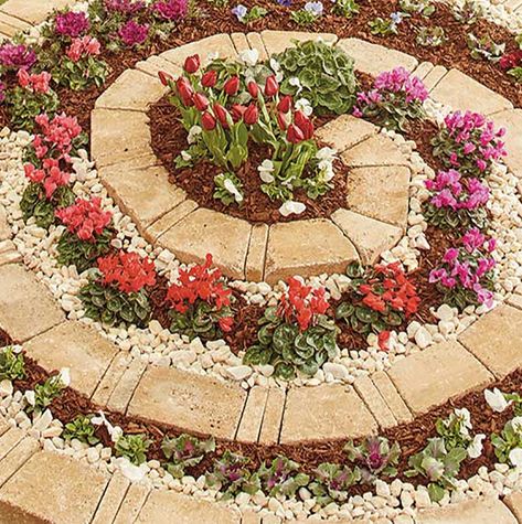 A completed spiral garden. Circular Flower Bed Ideas, Circular Flower Bed, Spiral Garden, Spiral Flower, Vertical Garden Wall, Garden Help, Landscaping Supplies, Paver Patio, Home Diy Projects