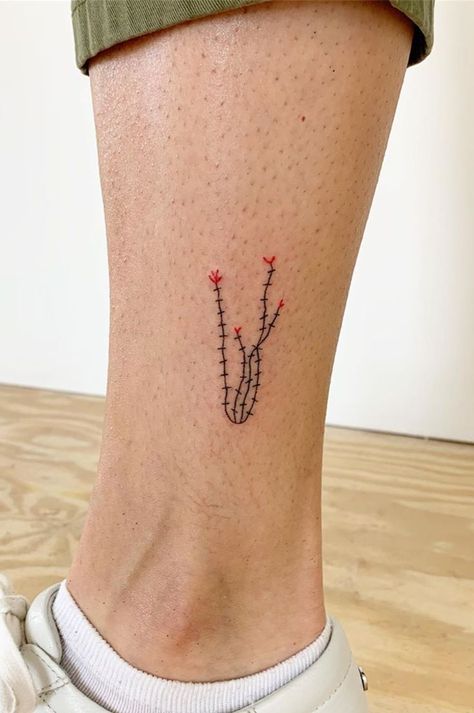 Christmas Cactus Tattoo, Ocotillo Tattoo, Tiny Nature Tattoo, Cactus Tattoo Design, Tucson Tattoo, Cactus Tattoo, Ankle Tattoos For Women, Human Canvas, Prickly Pear Cactus