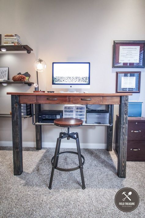 My DIY Standing Desk MOD! | Field Treasure Designs Diy Standing Desk Plans, Standing Desk Plans, Standing Desk Ideas, Build A Bat House, Bat House Plans, Raising Desk, Diy Desks, Tall Desk, Diy Standing Desk