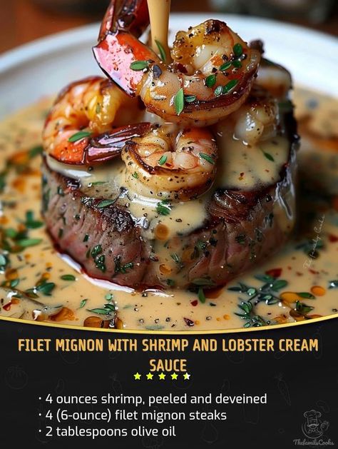 Luna Morales - My recipe for Steak with Shrimp & Lobster... Steak Oscar With Lobster, Steak With Shrimp, Steak And Lobster Dinner, Pan Seared Filet Mignon, Recipe For Steak, Lobster Cream Sauce, Sunday Meals, Lobster Sauce, Steak And Lobster