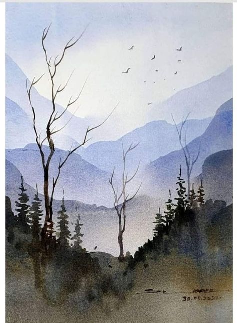 Simple Landscape Watercolor Paintings, Watercolor Art For Beginners Simple Landscape, Watercolor Paintings Landscape Beautiful, Simple Watercolor Landscape, Watercolor Mountain Landscape, 자작나무 그림, Simple Landscape, Learn Watercolor Painting, Watercolor Art Landscape