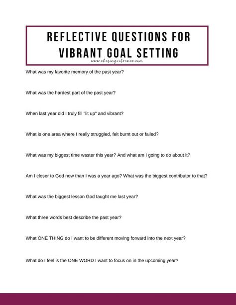 Reflective Questions for Vibrant Goal Setting in the new year. Use alongside my goal setting worksheet! Free pdf download! #goalsetting #goalsettingworksheet New Years Goal Setting Worksheet, Goal Setting For Families, Questions For Goal Setting, New Year Goal Setting Template, Goal Setting Party, Goal Setting Prompts, Goal Setting Worksheet Printables Free, New Year Planning Goal Settings, Goal Questions