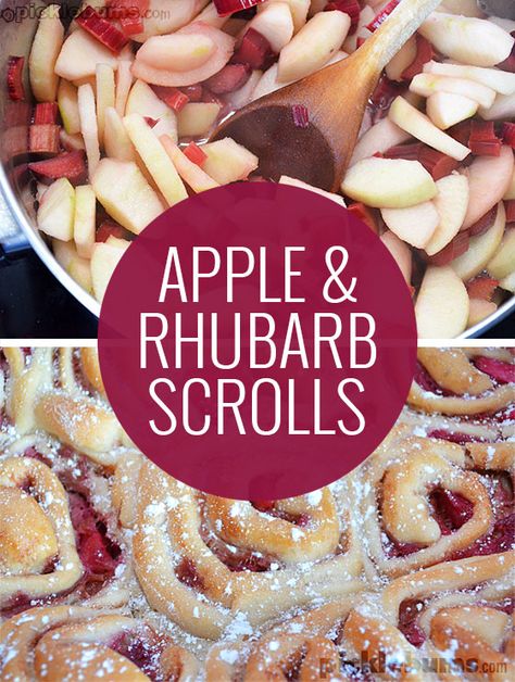 Rhubarb and Apple Scrolls. Healthy Apple Desserts, Cooking From Scratch, Apple Cinnamon Rolls, Rhubarb Desserts, Rhubarb Cake, Baked Fruit, Rhubarb Recipes, Bread Recipes Sweet, Easiest Apples