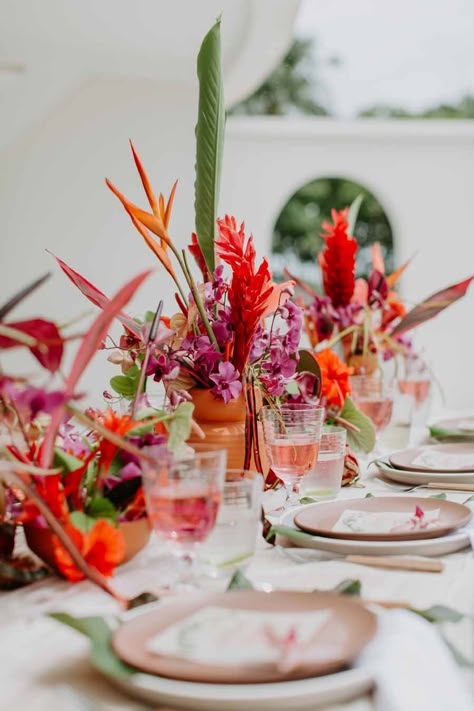 Red Wedding Receptions, Wedding Reception Table Decor, Nosara Costa Rica, Tropical Wedding Inspiration, Tropical Flower Arrangements, Reception Table Decor, Wedding Reception Table Decorations, Tropical Beach Wedding, Reception Table Decorations